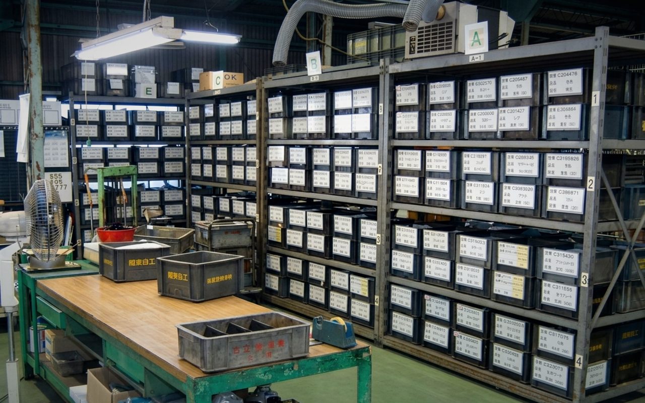 番号管理された部品棚と作業台